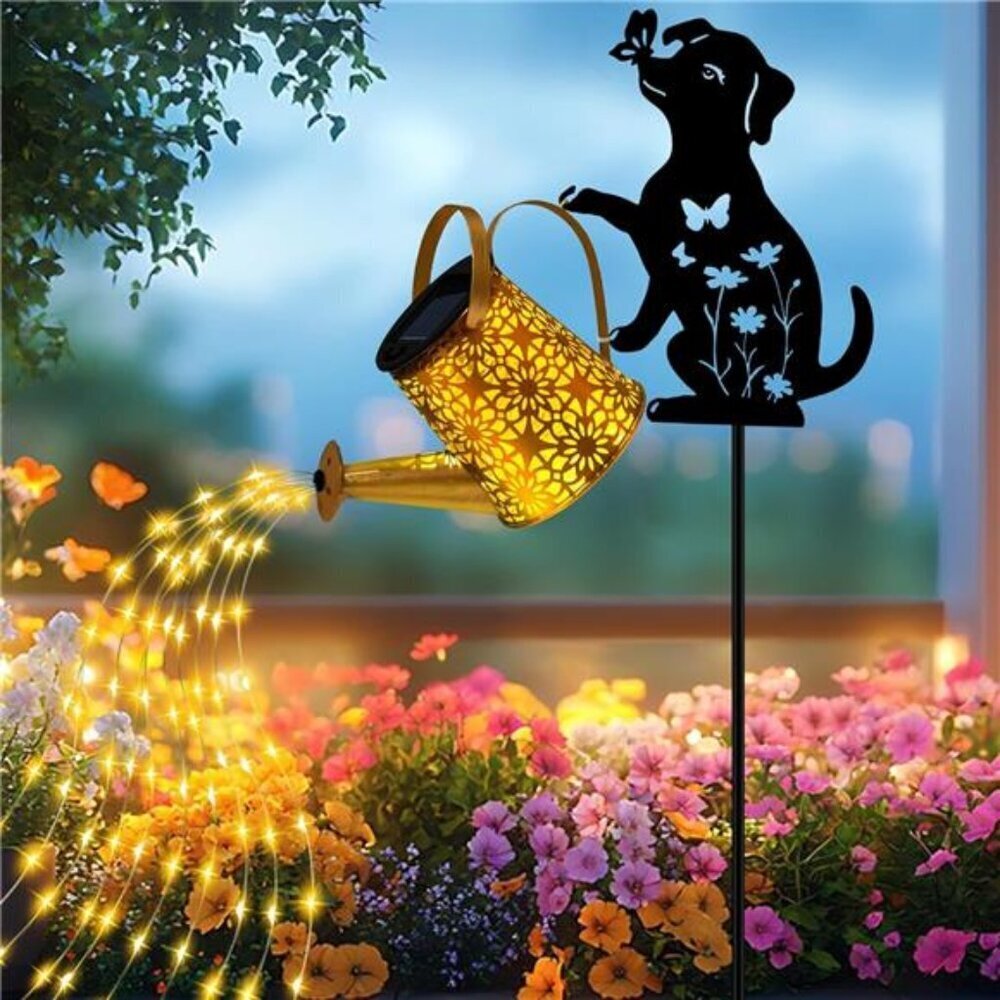 Cascading Solar Watering Can Lights with Dog Shepherd Hook